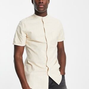 ASOS design fitted flannel button down shirt band collar cream mens large tall